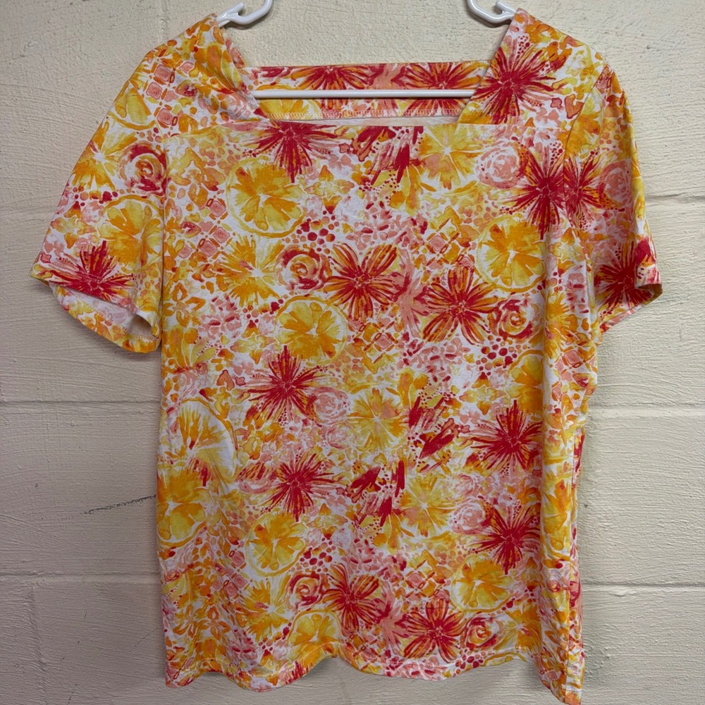 Coral Bay‎ Women's Large Floral Tropical Print Short Sleeve Knit Top Yellow Pink
